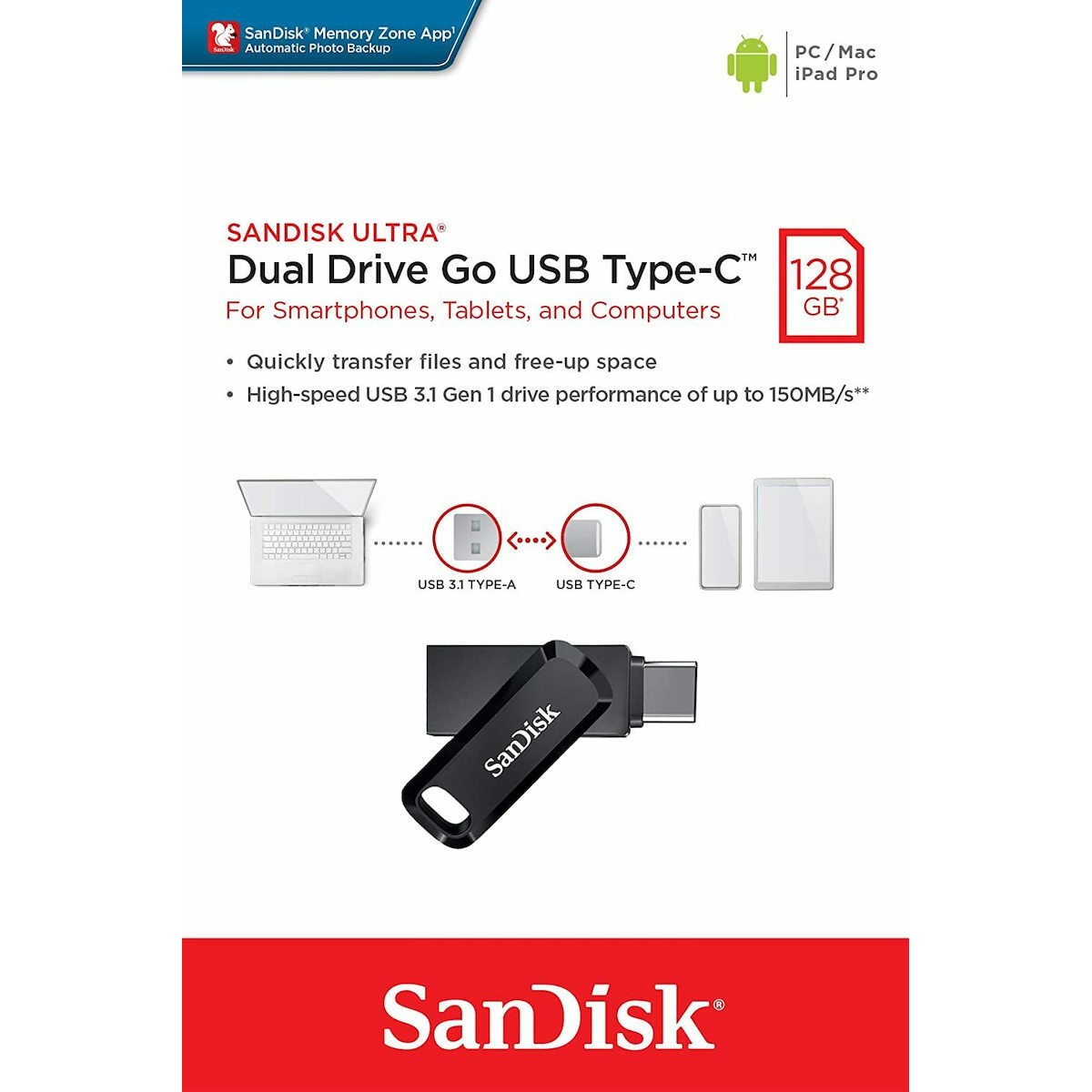 Sandisk Ultra Dual Drive Go 128GB USB 3.1 Stick με σύνδεση USB-C & USB-A Μαύρο