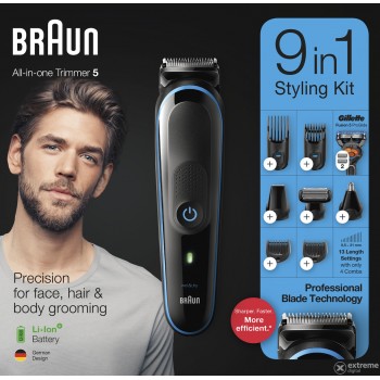 Braun All-In-One Trimmer 5 9 in 1 Σετ Επαναφορτιζόμενης Κουρευτικής Μηχανής Black/Blue MGK5280