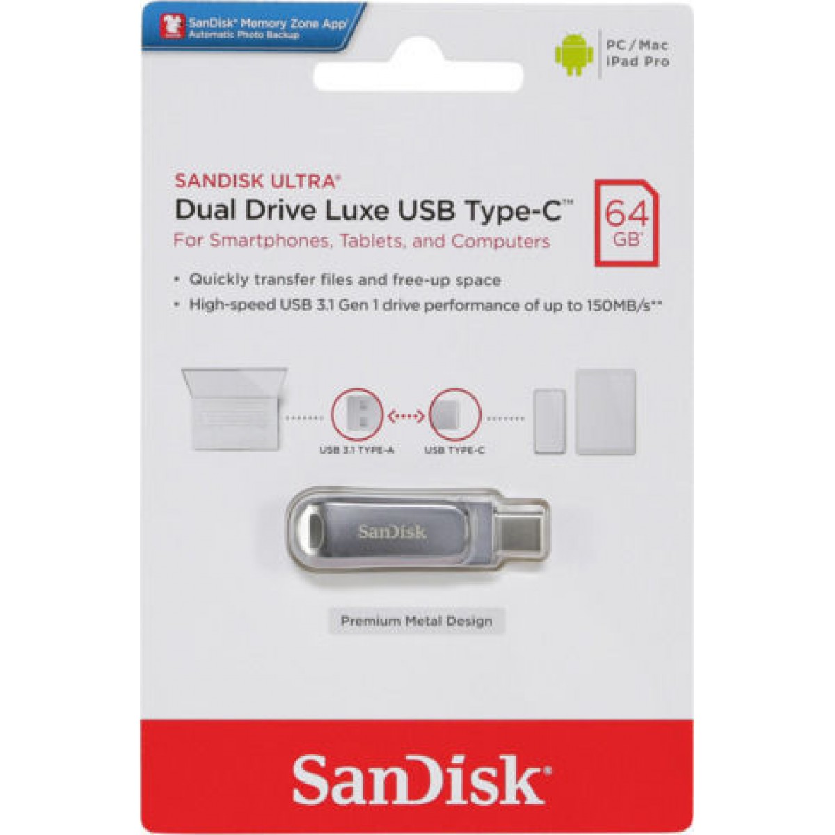 Sandisk Ultra Dual Drive Luxe 64GB USB 3.1 Stick με σύνδεση USB-C Ασημί SDDDC4-064G-G46 Sandisk Ultra Dual Drive Luxe 64GB USB 3.1 Stick με σύνδεση USB-C Ασημί SDDDC4-064G-G46